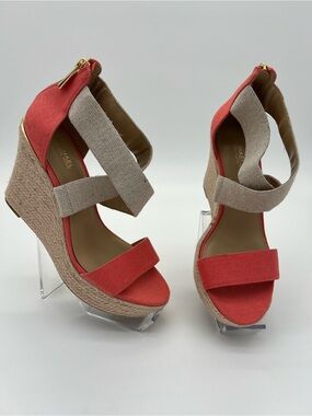 Michael Kors Coral and Natural Canvas Espadrille Wedge Sandals size 7.5